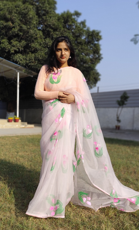 Pastel pink Handpainted  tulips saree for women