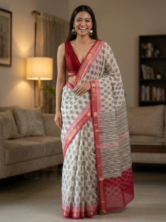 Off-White Kota Doria Hand Block Printed Saree with Pink Zari Border