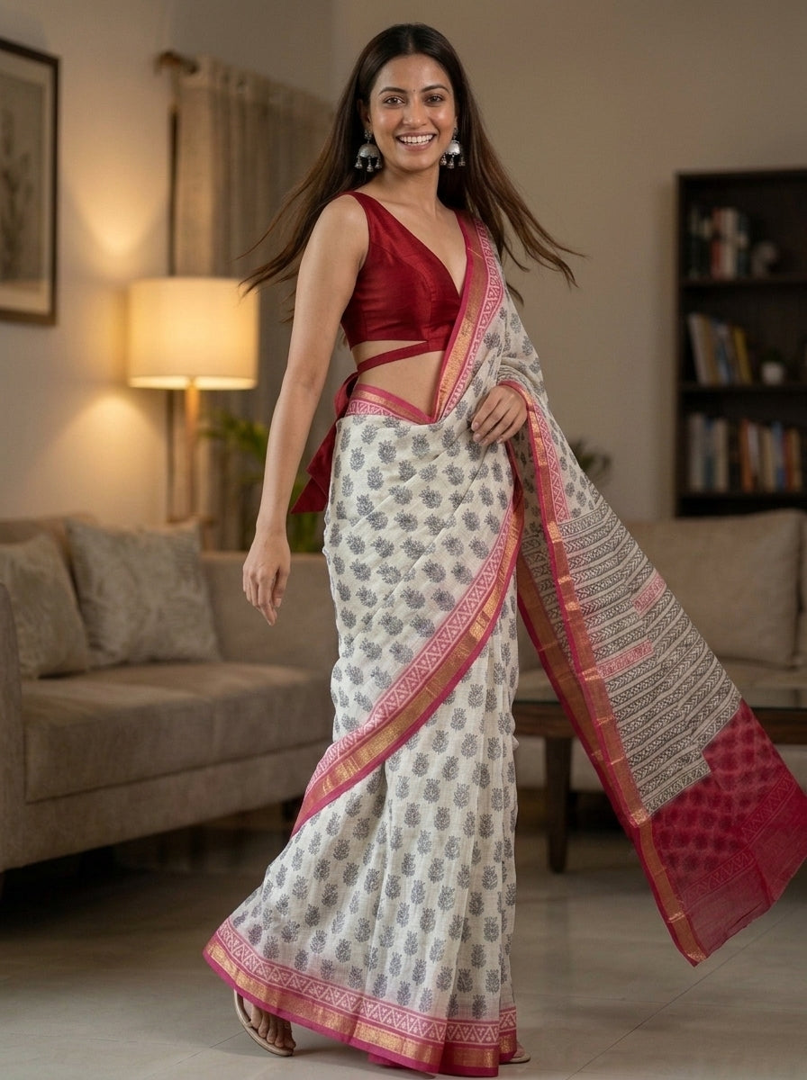 Off-White Kota Doria Hand Block Printed Saree with Pink Zari Border