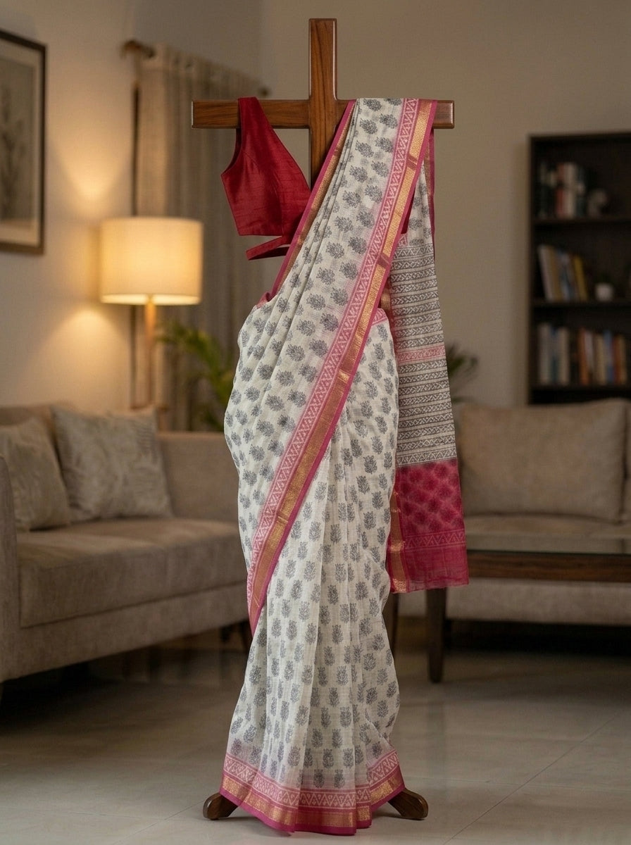 Off-White Kota Doria Hand Block Printed Saree with Pink Zari Border
