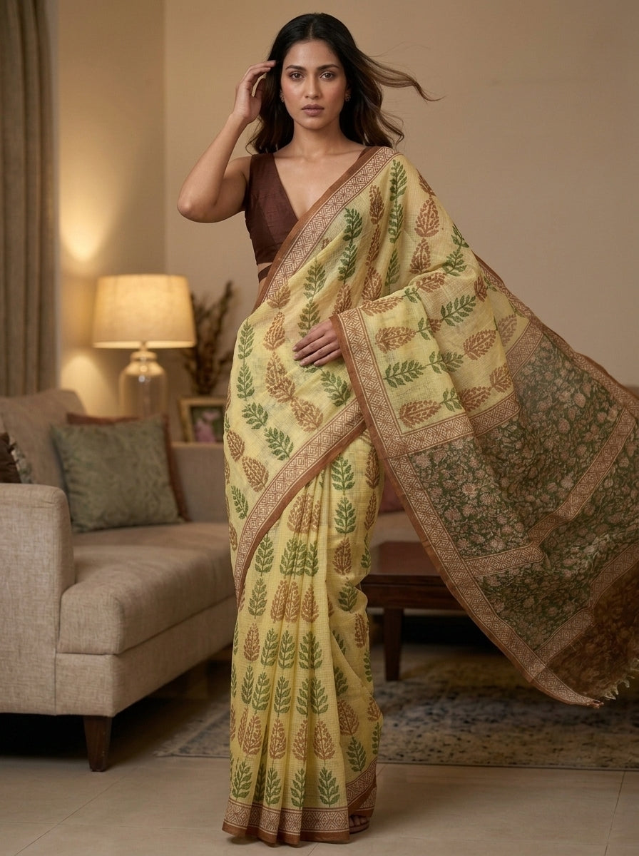 Pale Yellow Kota Doria Hand Block Printed Saree with Green Fern Motif & Floral Pallu