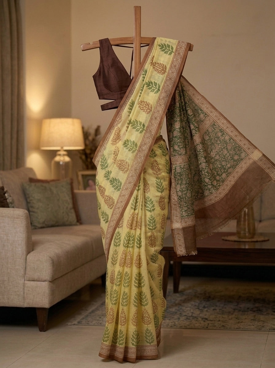 Pale Yellow Kota Doria Hand Block Printed Saree with Green Fern Motif & Floral Pallu