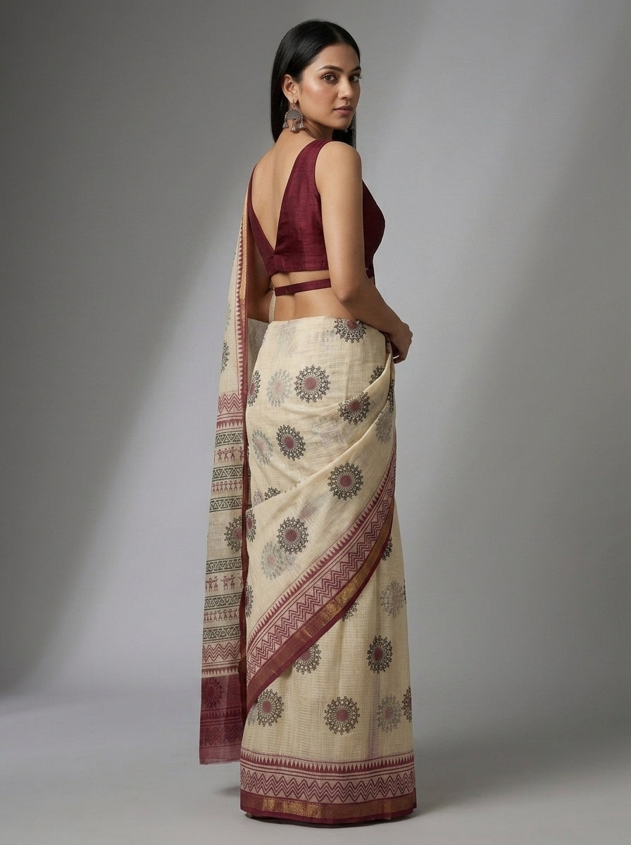 Off-White Kota Doria Hand Block Printed Saree with Warli Motif & Maroon Border