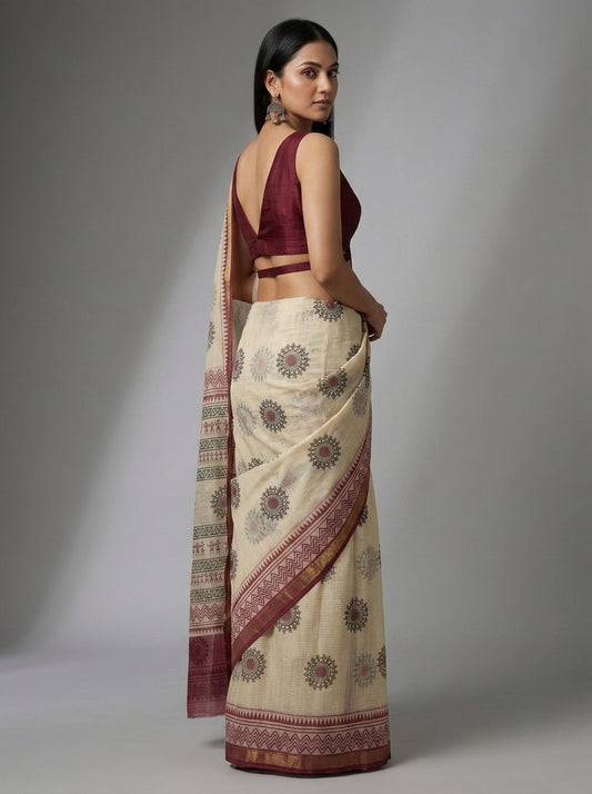 Off-White Kota Doria Hand Block Printed Saree with Warli Motif & Maroon Border