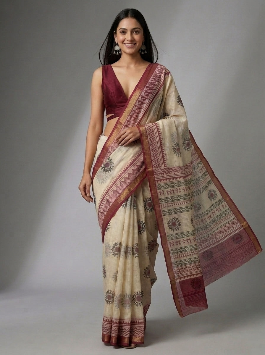 Off-White Kota Doria Hand Block Printed Saree with Warli Motif & Maroon Border