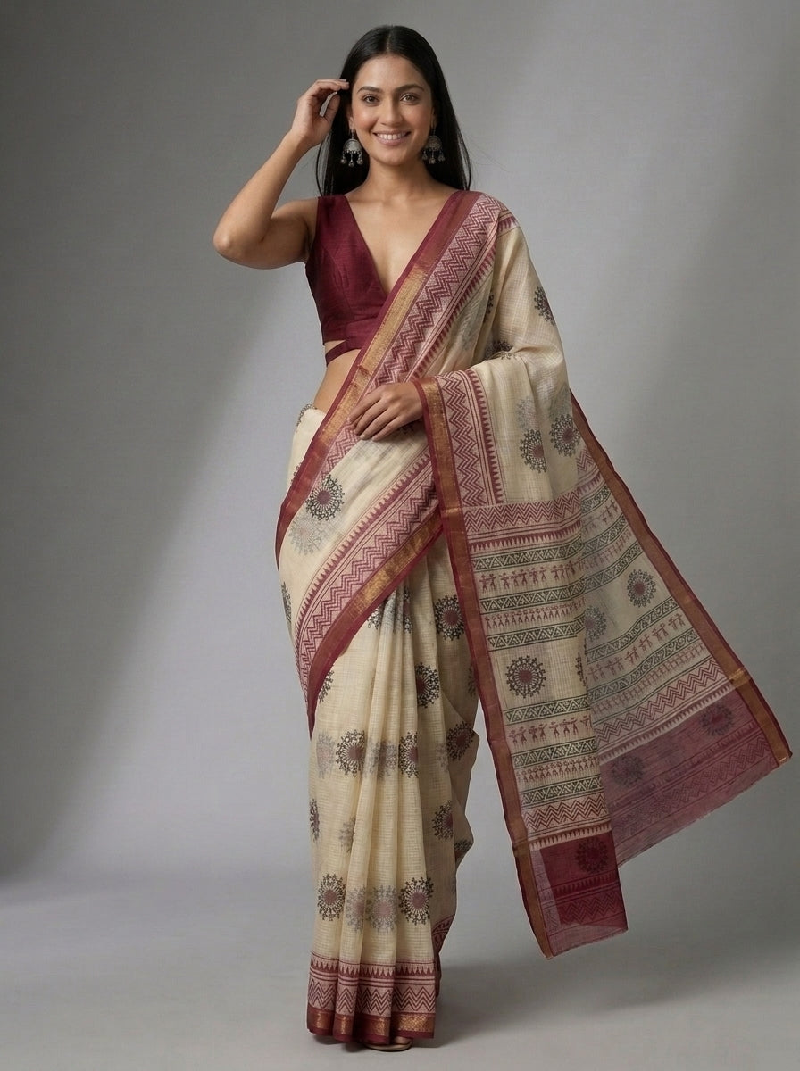 Off-White Kota Doria Hand Block Printed Saree with Warli Motif & Maroon Border