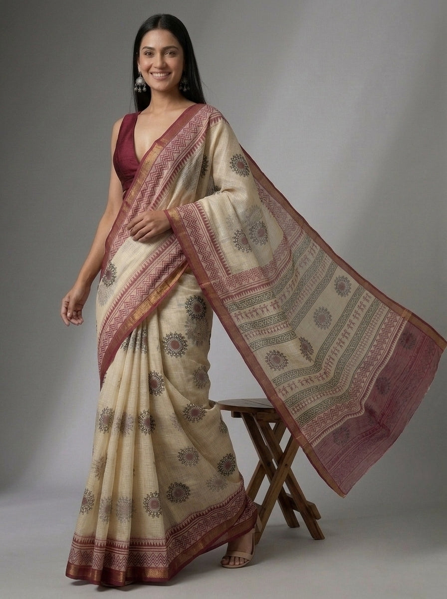 Off-White Kota Doria Hand Block Printed Saree with Warli Motif & Maroon Border