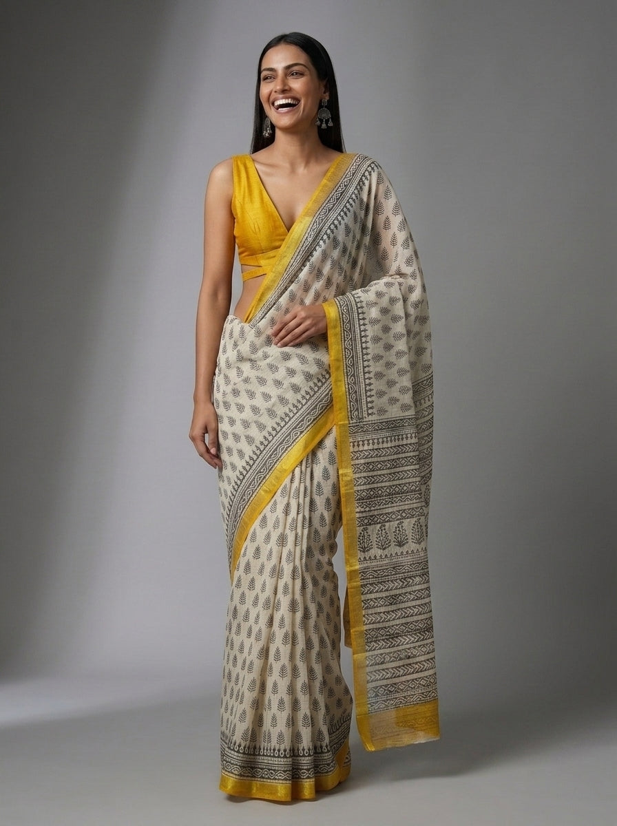 Off-White Kota Doria Hand Block Printed Saree with Yellow Zari Border