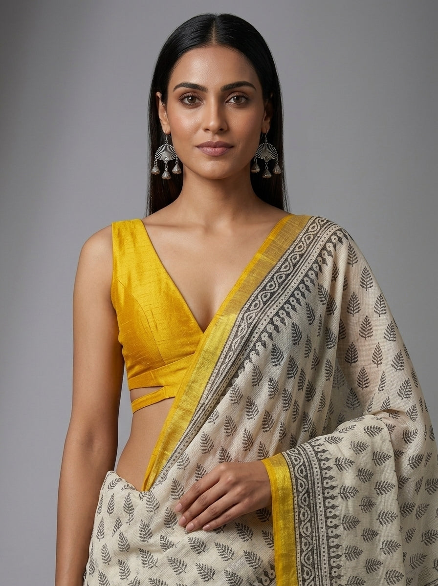 Off-White Kota Doria Hand Block Printed Saree with Yellow Zari Border