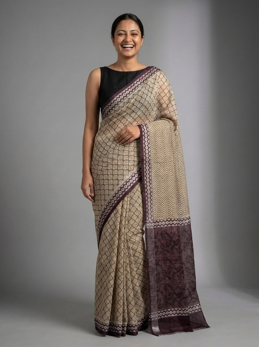 Beige Kota Doria Hand Block Printed Saree with Chevron Pallu & Purple Border