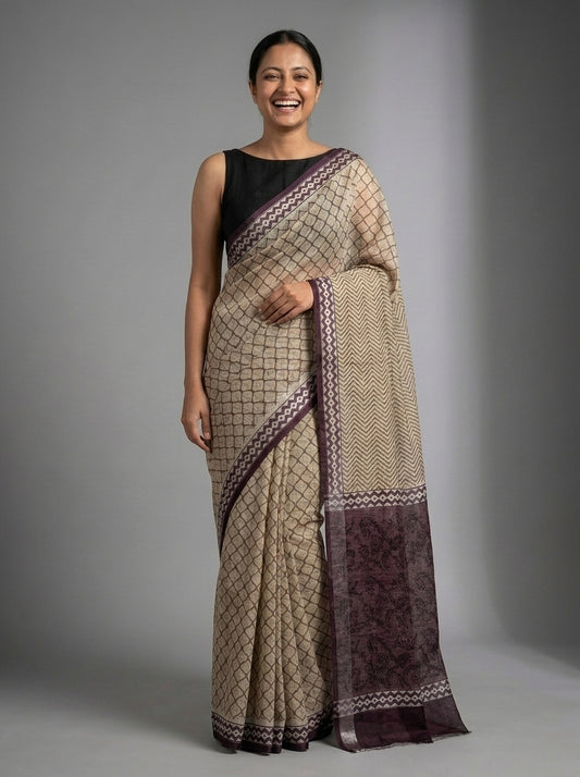 Beige Kota Doria Hand Block Printed Saree with Chevron Pallu & Purple Border