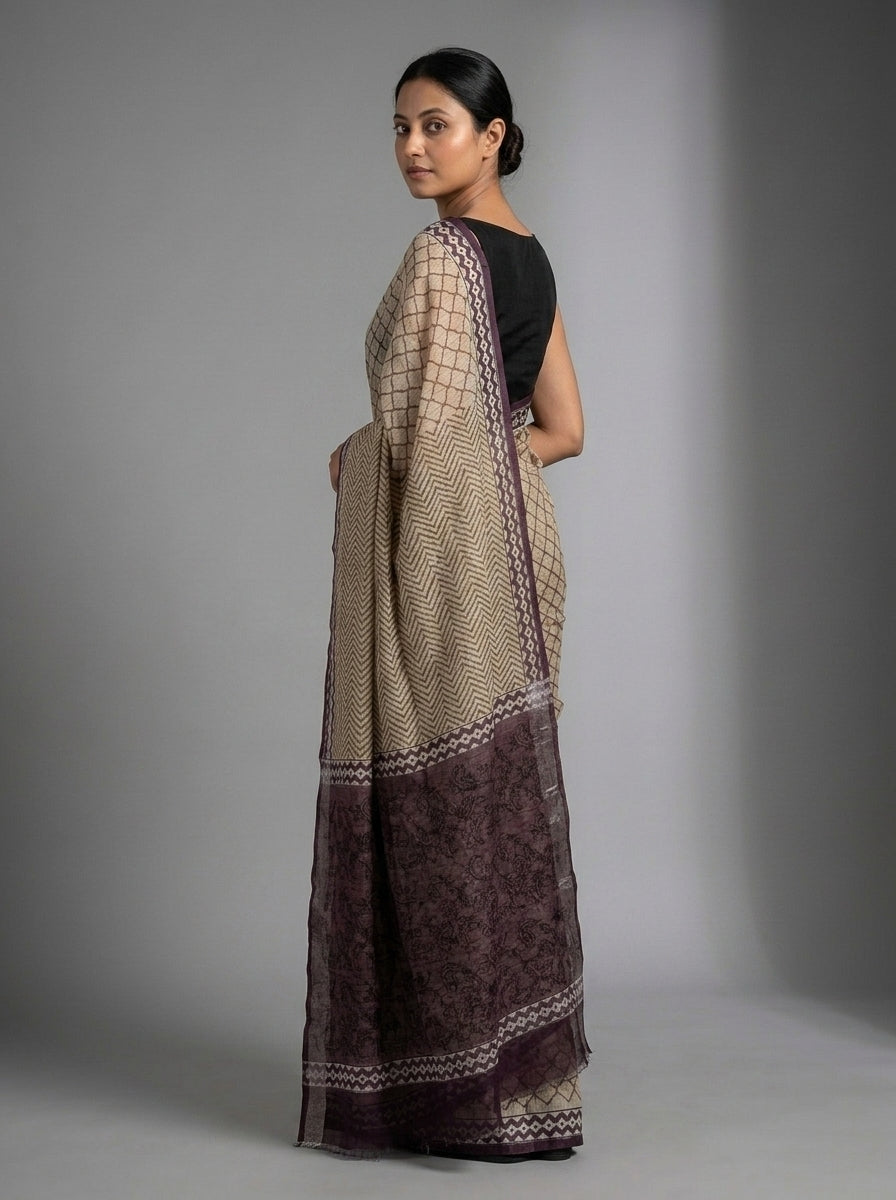 Beige Kota Doria Hand Block Printed Saree with Chevron Pallu & Purple Border
