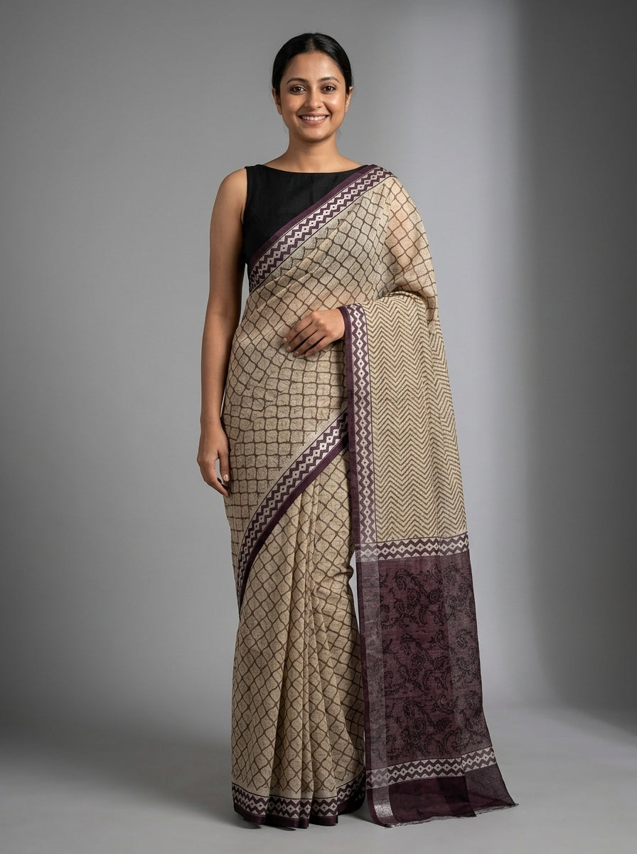 Beige Kota Doria Hand Block Printed Saree with Chevron Pallu & Purple Border