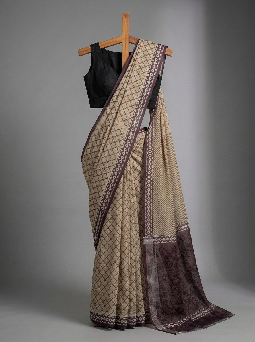 Beige Kota Doria Hand Block Printed Saree with Chevron Pallu & Purple Border