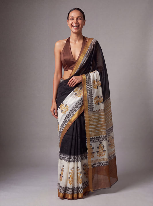Black & Ivory Kota Doria Hand Block Printed Saree with Zari Border