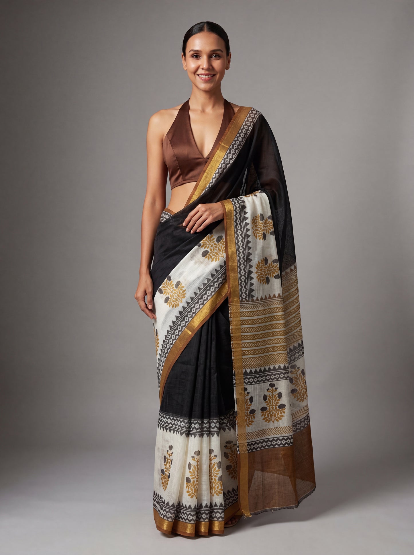 Black & Ivory Kota Doria Hand Block Printed Saree with Zari Border