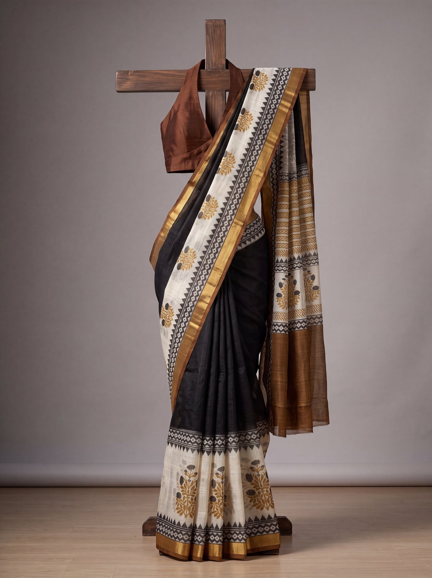 Black & Ivory Kota Doria Hand Block Printed Saree with Zari Border