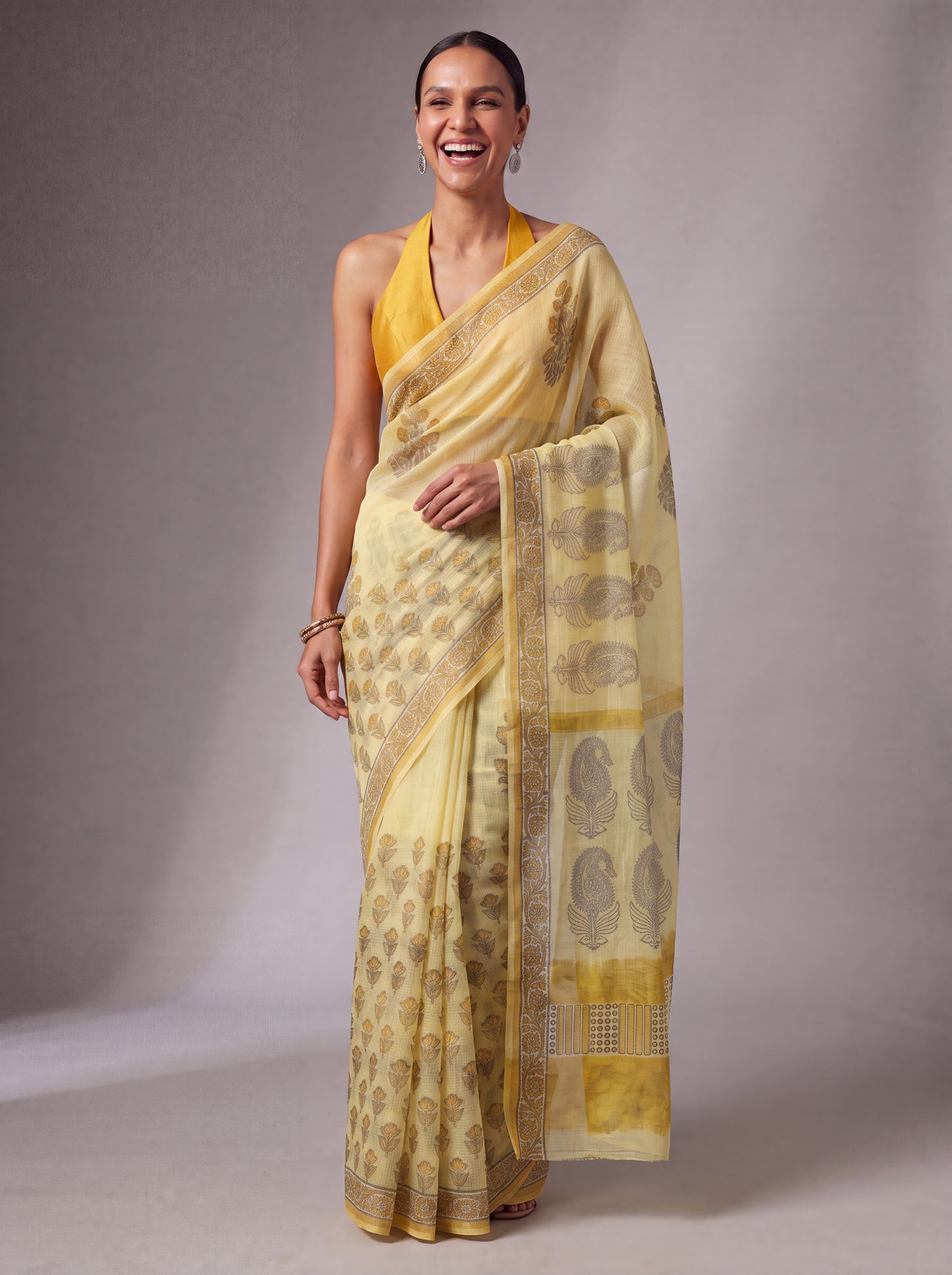Title: Pale Yellow Kota Doria Hand Block Printed Saree with Paisley Pallu