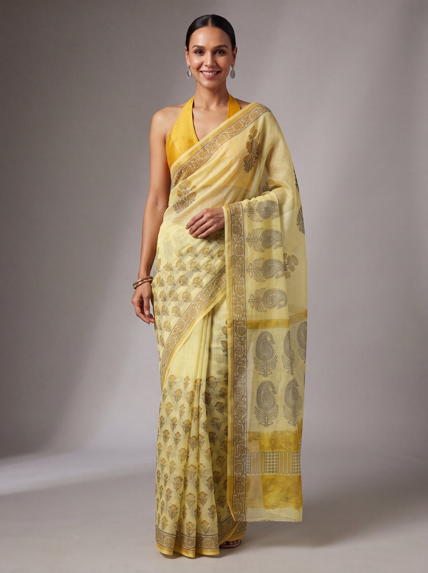 Title: Pale Yellow Kota Doria Hand Block Printed Saree with Paisley Pallu