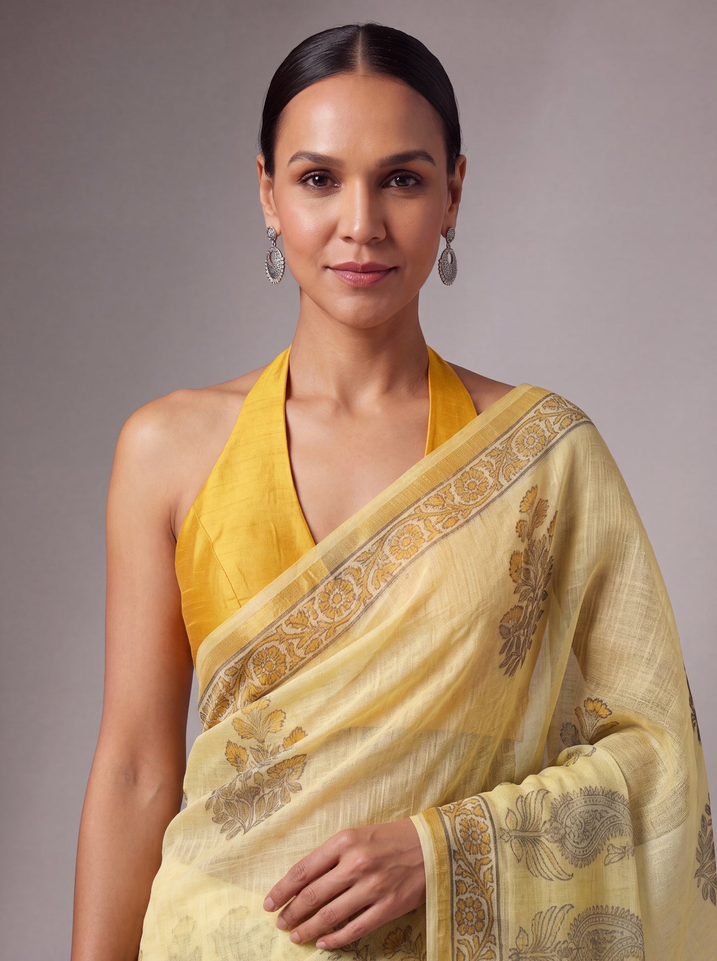 Title: Pale Yellow Kota Doria Hand Block Printed Saree with Paisley Pallu