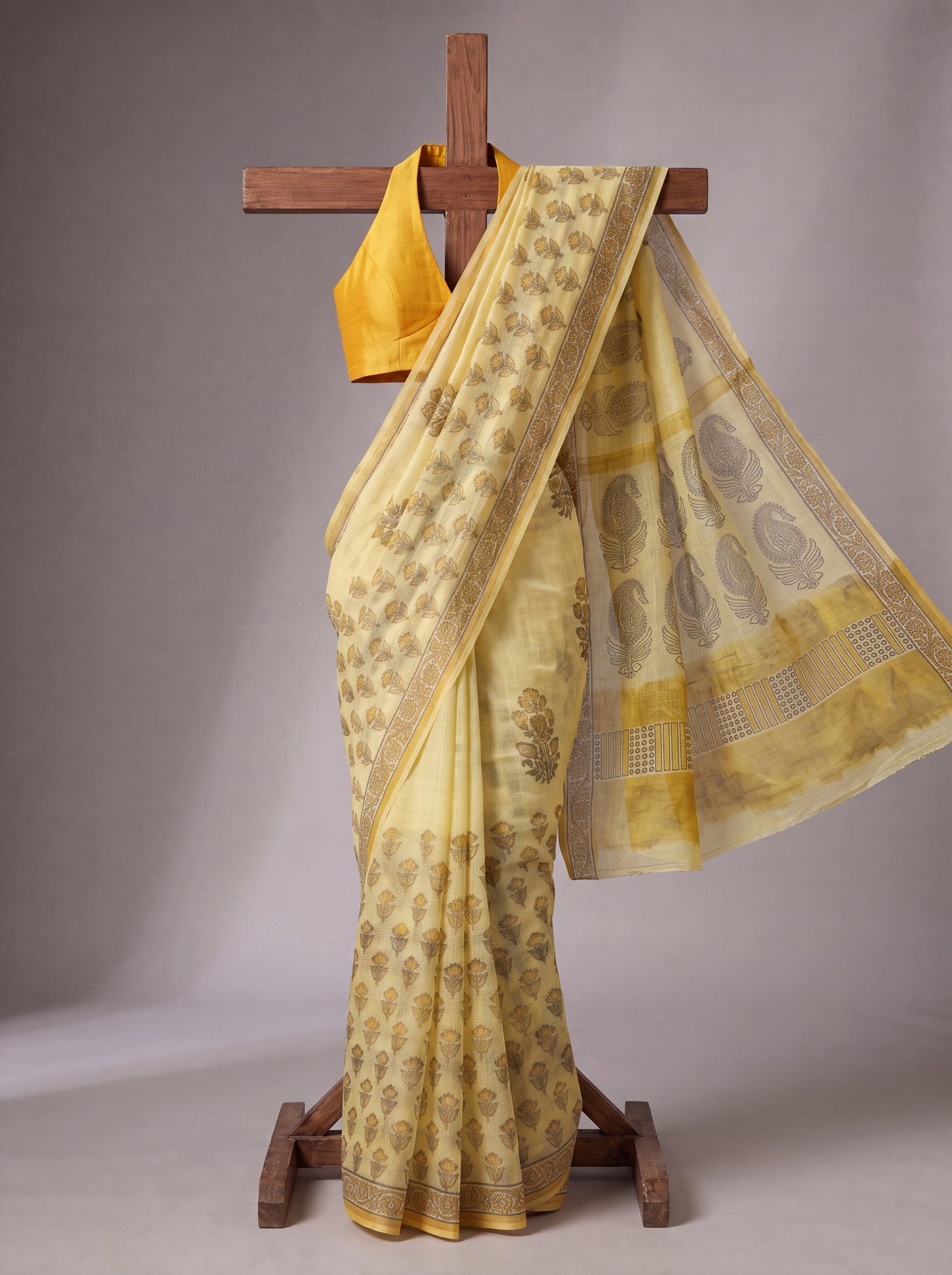 Title: Pale Yellow Kota Doria Hand Block Printed Saree with Paisley Pallu