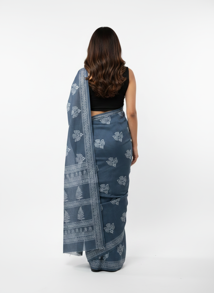 Steel Blue Hand Block Printed Mul Cotton Saree with Lotus Motif