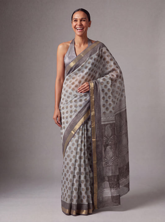 Grey Kota Doria Hand Block Printed Saree with Zari Border