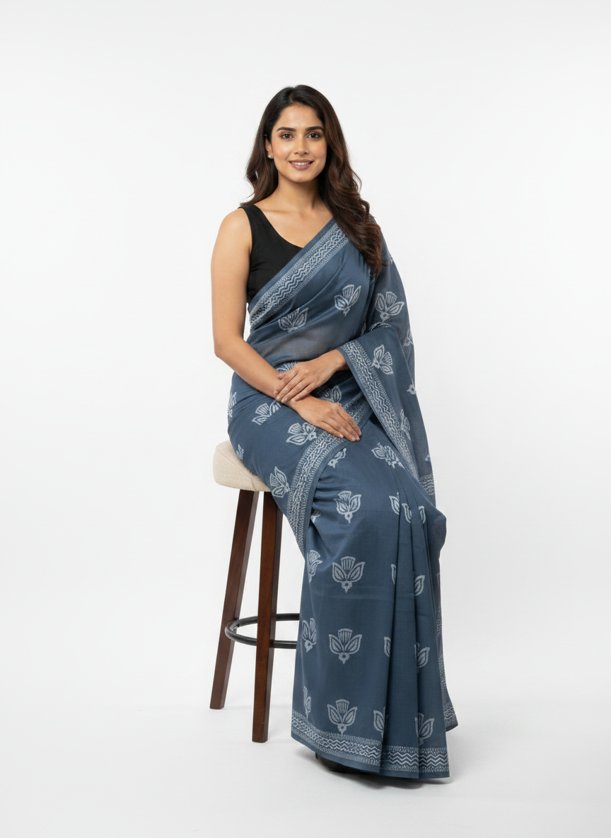 Steel Blue Hand Block Printed Mul Cotton Saree with Lotus Motif