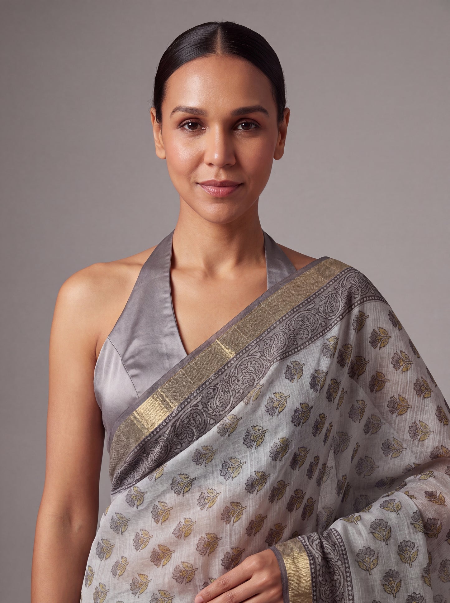 Grey Kota Doria Hand Block Printed Saree with Zari Border