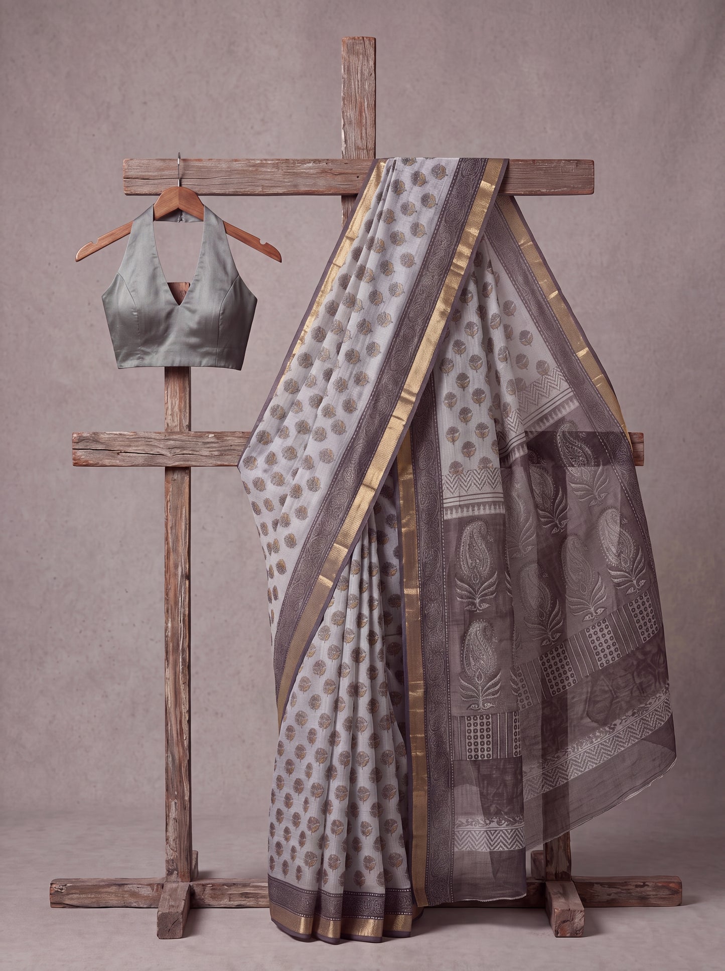 Grey Kota Doria Hand Block Printed Saree with Zari Border