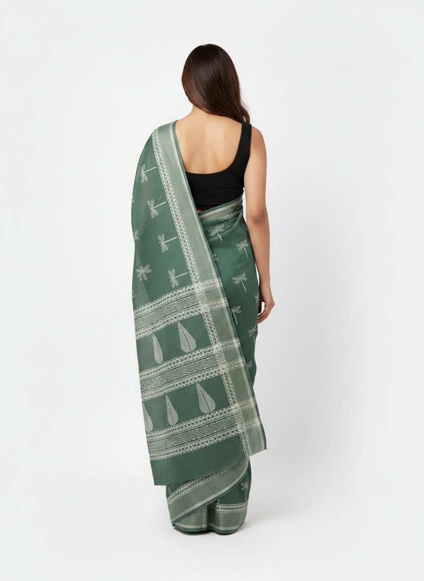 Dark Green Hand Block Printed Mul Cotton Saree with Dragonfly Motif