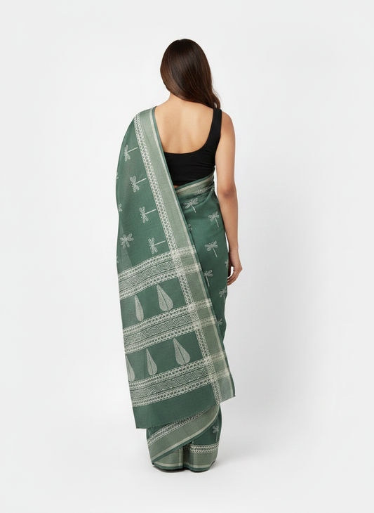 Dark Green Hand Block Printed Mul Cotton Saree with Dragonfly Motif