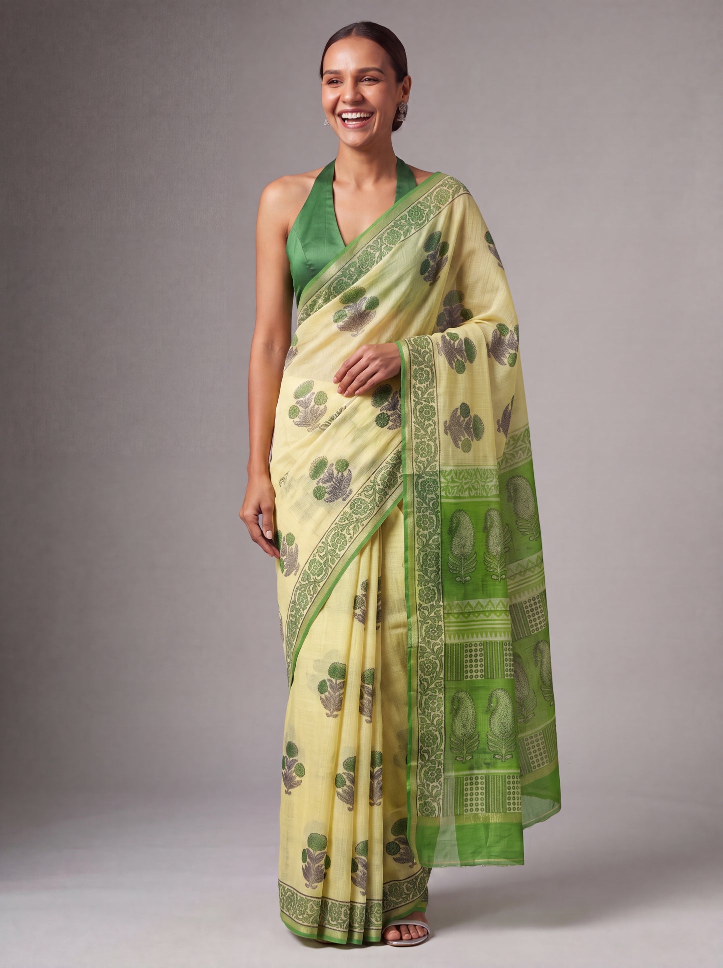 Pale Yellow Kota Doria Hand Block Printed Saree with Green Peacock Border