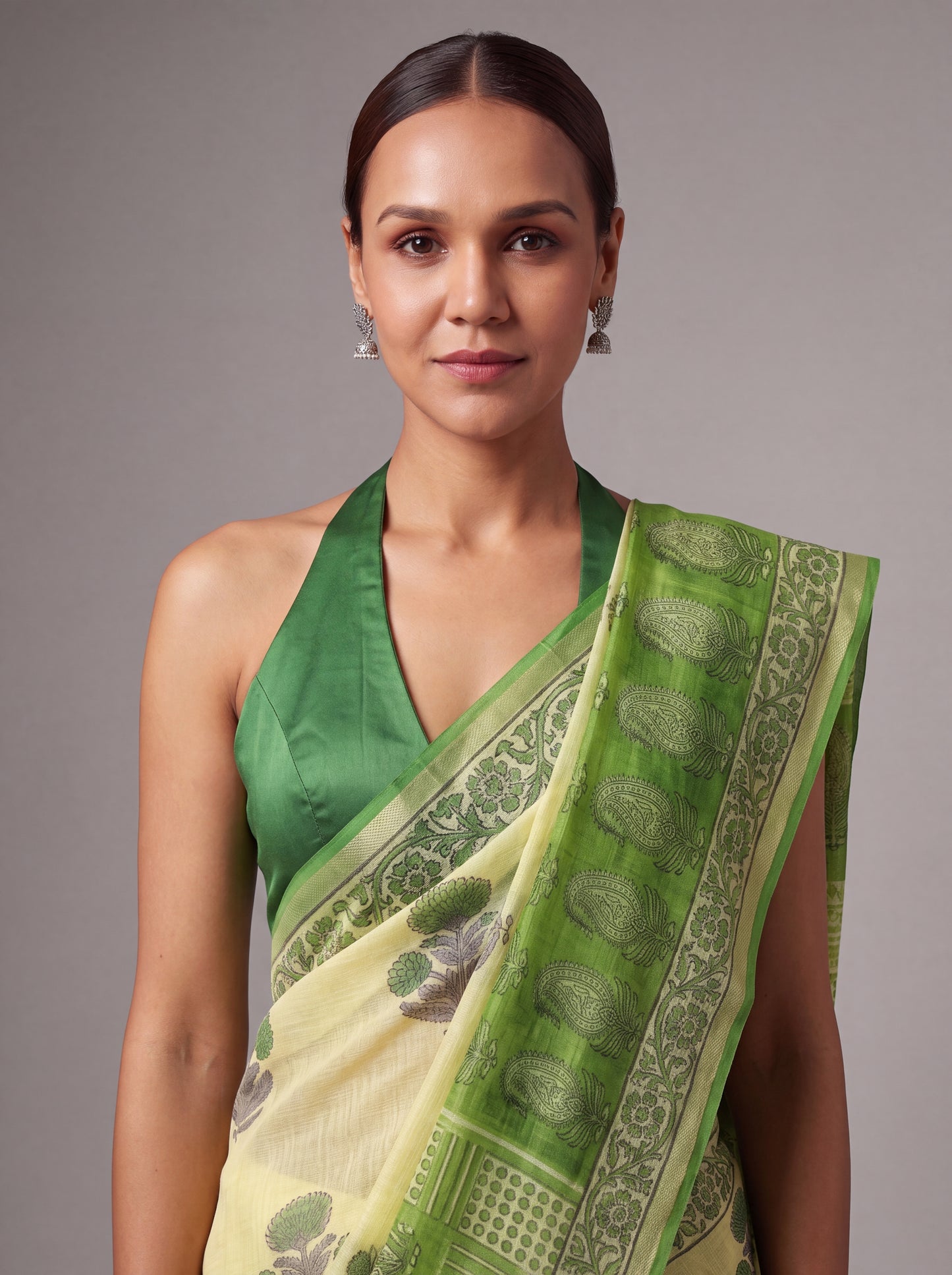 Pale Yellow Kota Doria Hand Block Printed Saree with Green Peacock Border