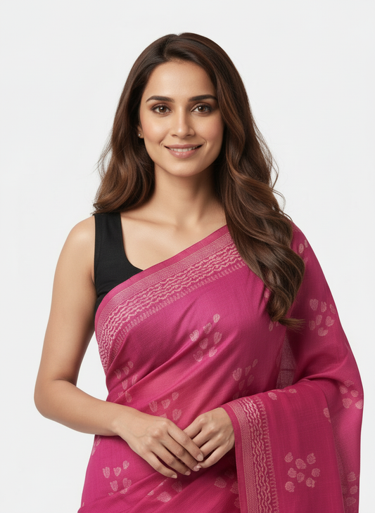Magenta Pink Hand Block Printed Mul Cotton Saree with Wavy Border