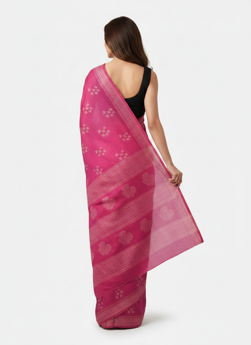 Magenta Pink Hand Block Printed Mul Cotton Saree with Wavy Border