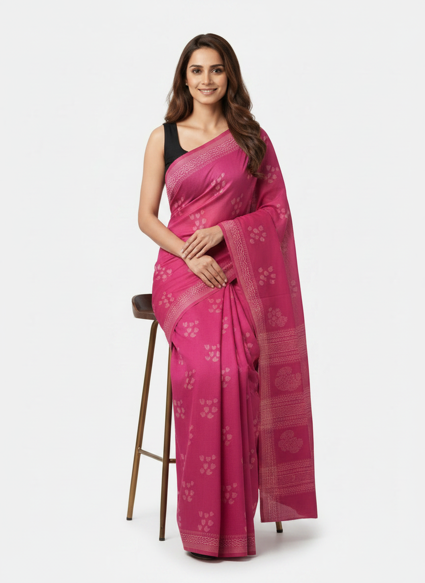 Magenta Pink Hand Block Printed Mul Cotton Saree with Wavy Border