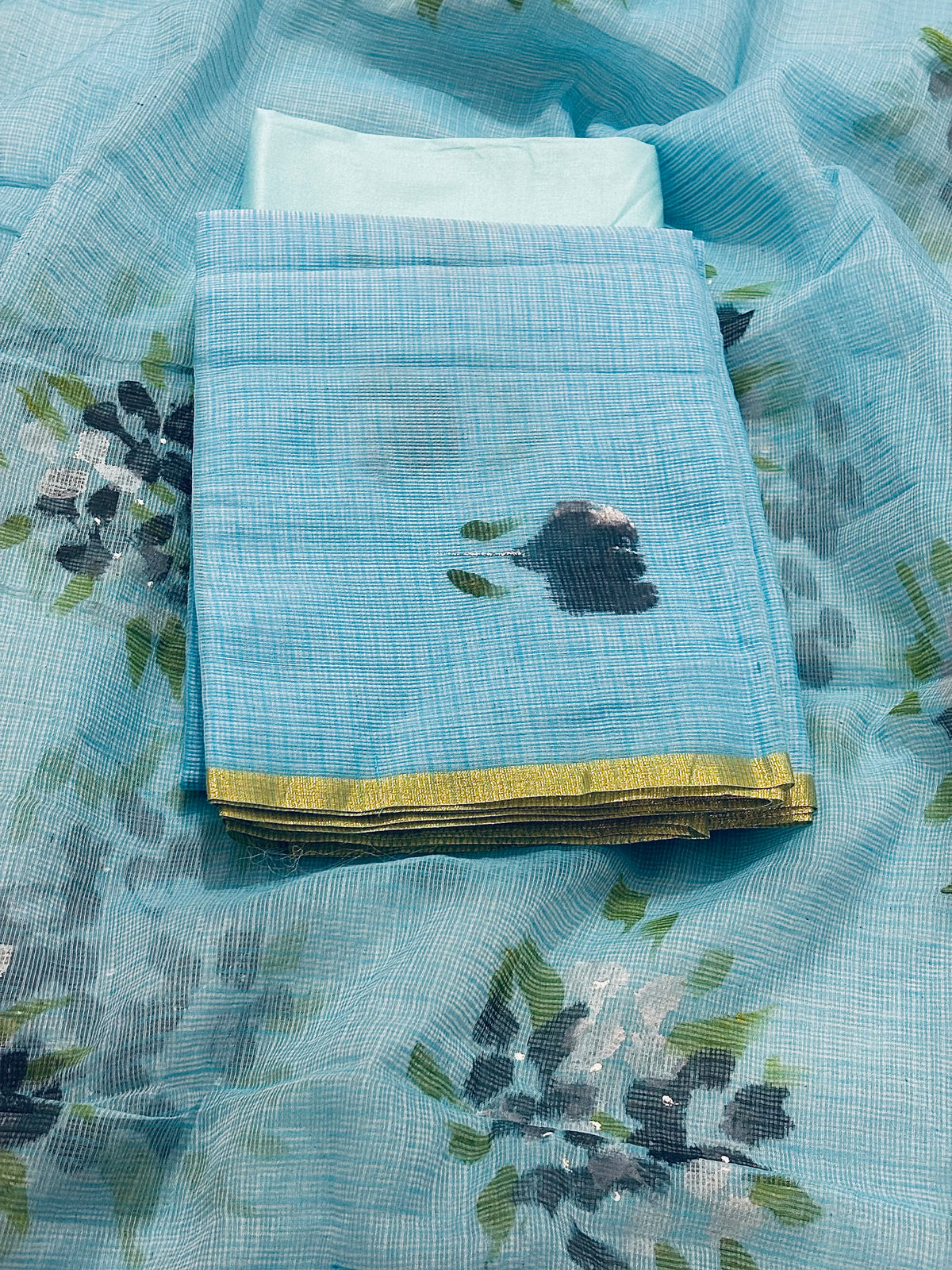 Handpainted blue floral Kota doria suit
