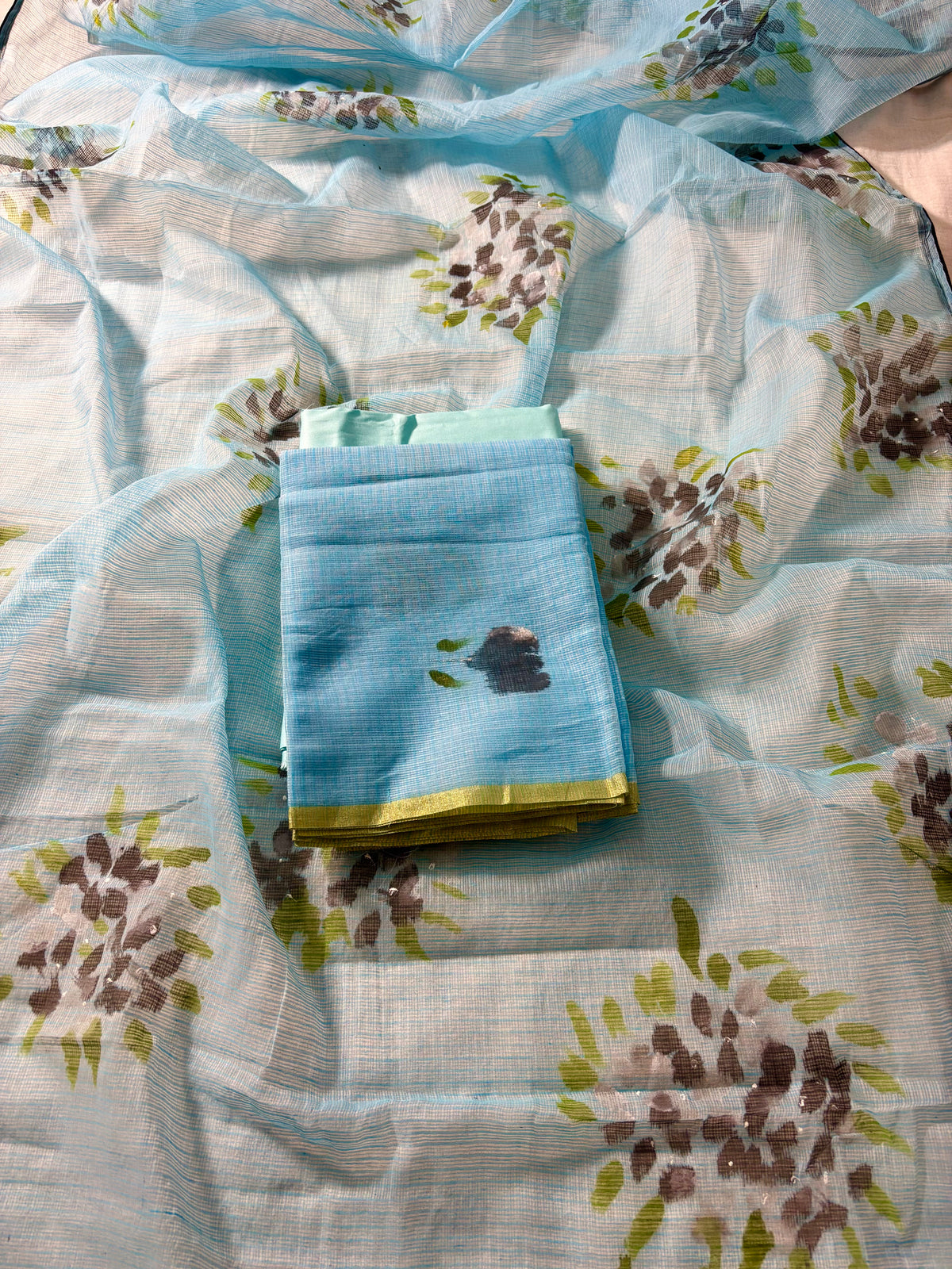 Handpainted blue floral Kota doria suit