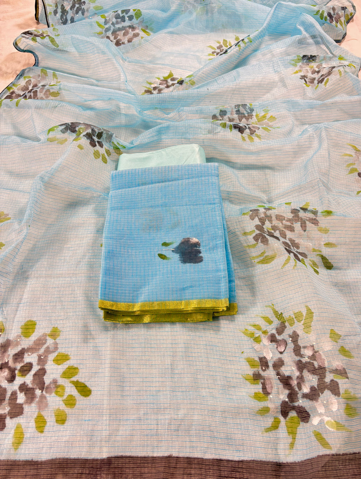 Handpainted blue floral Kota doria suit