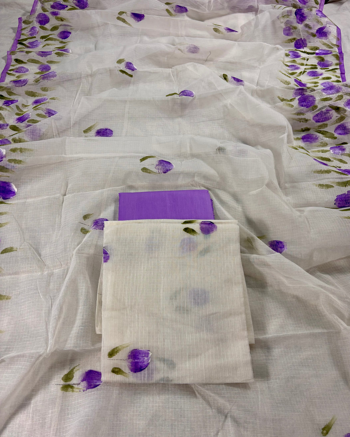 Hand painted violet tulip Kota doria suit