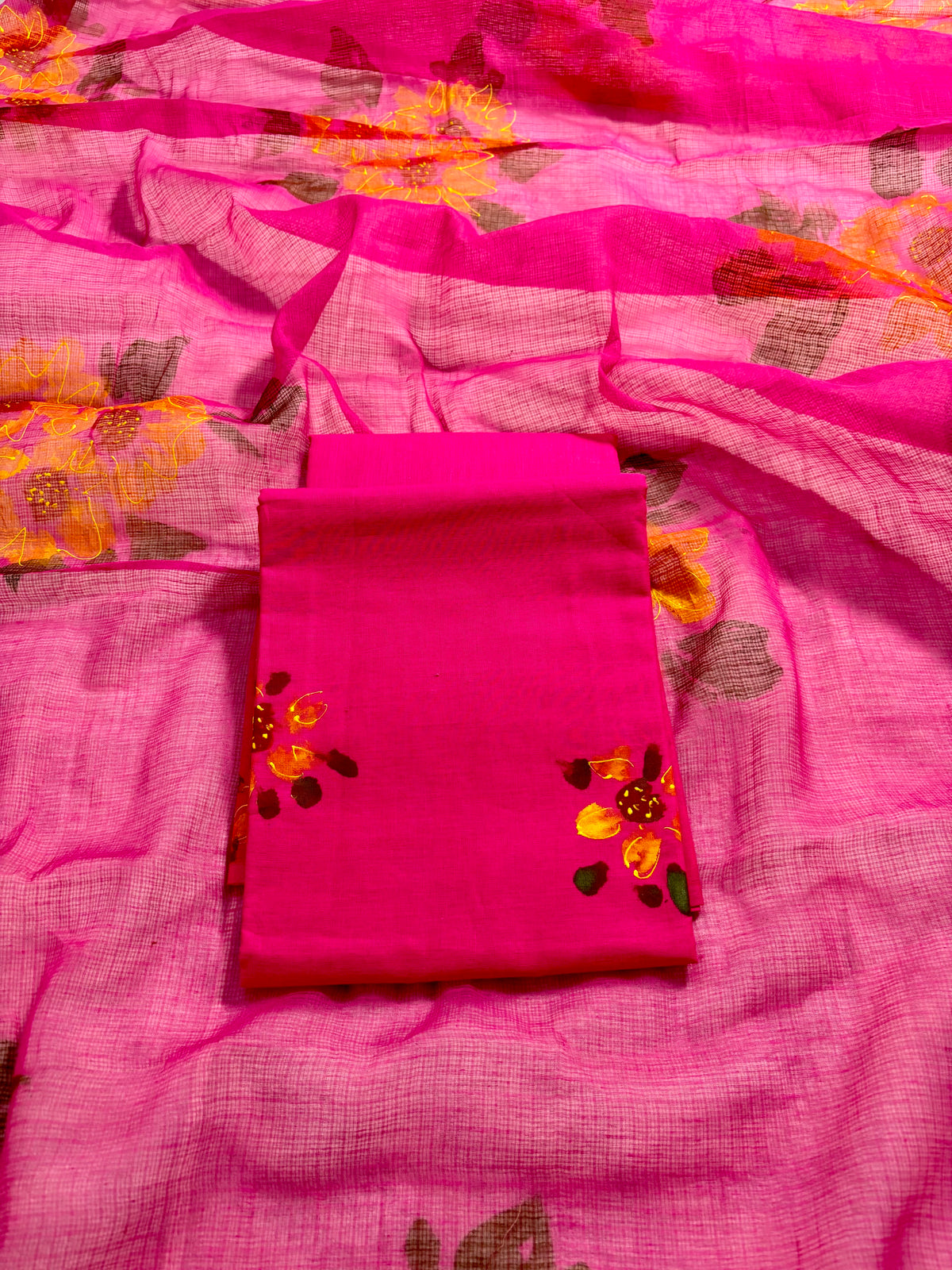 Handpainted sunflower  hot pink Kota doria suit
