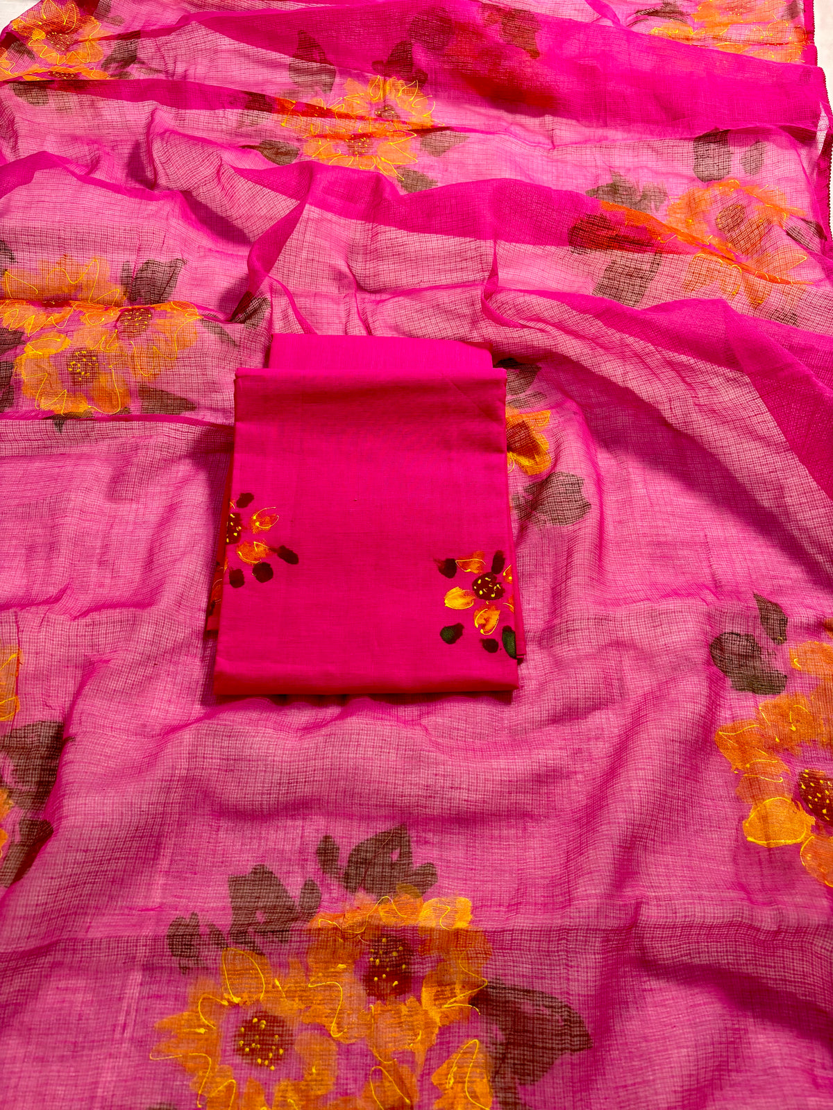 Handpainted sunflower  hot pink Kota doria suit