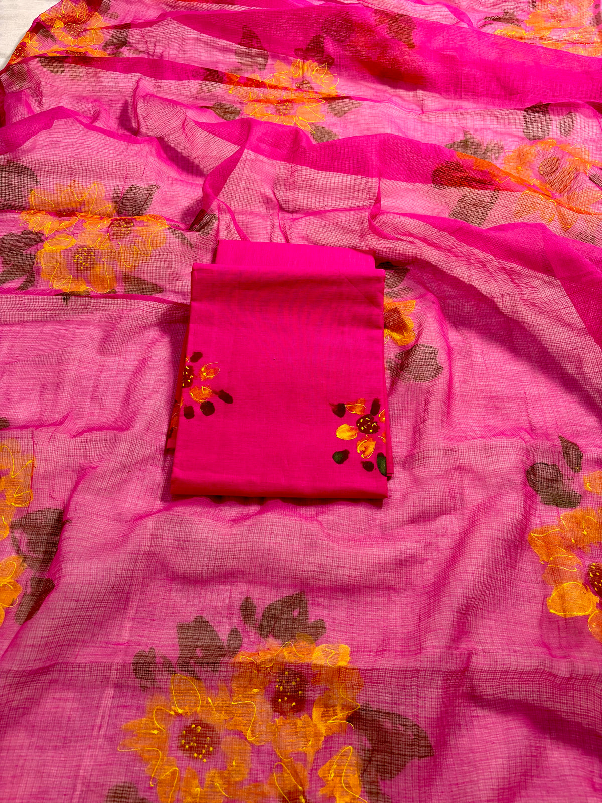 Handpainted sunflower  hot pink Kota doria suit