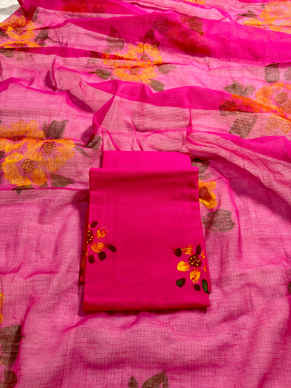 Handpainted sunflower  hot pink Kota doria suit