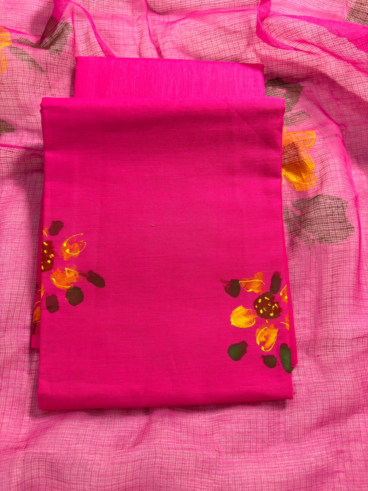 Handpainted sunflower  hot pink Kota doria suit