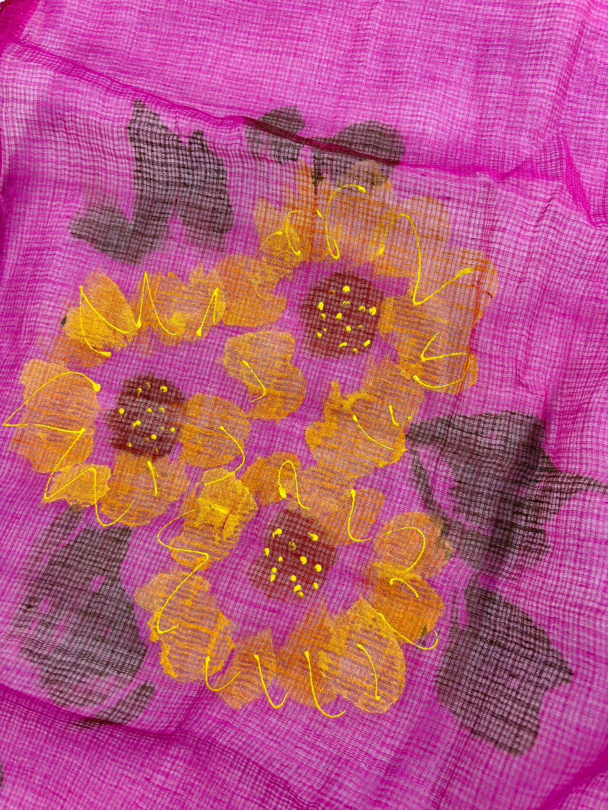 Handpainted sunflower  hot pink Kota doria suit
