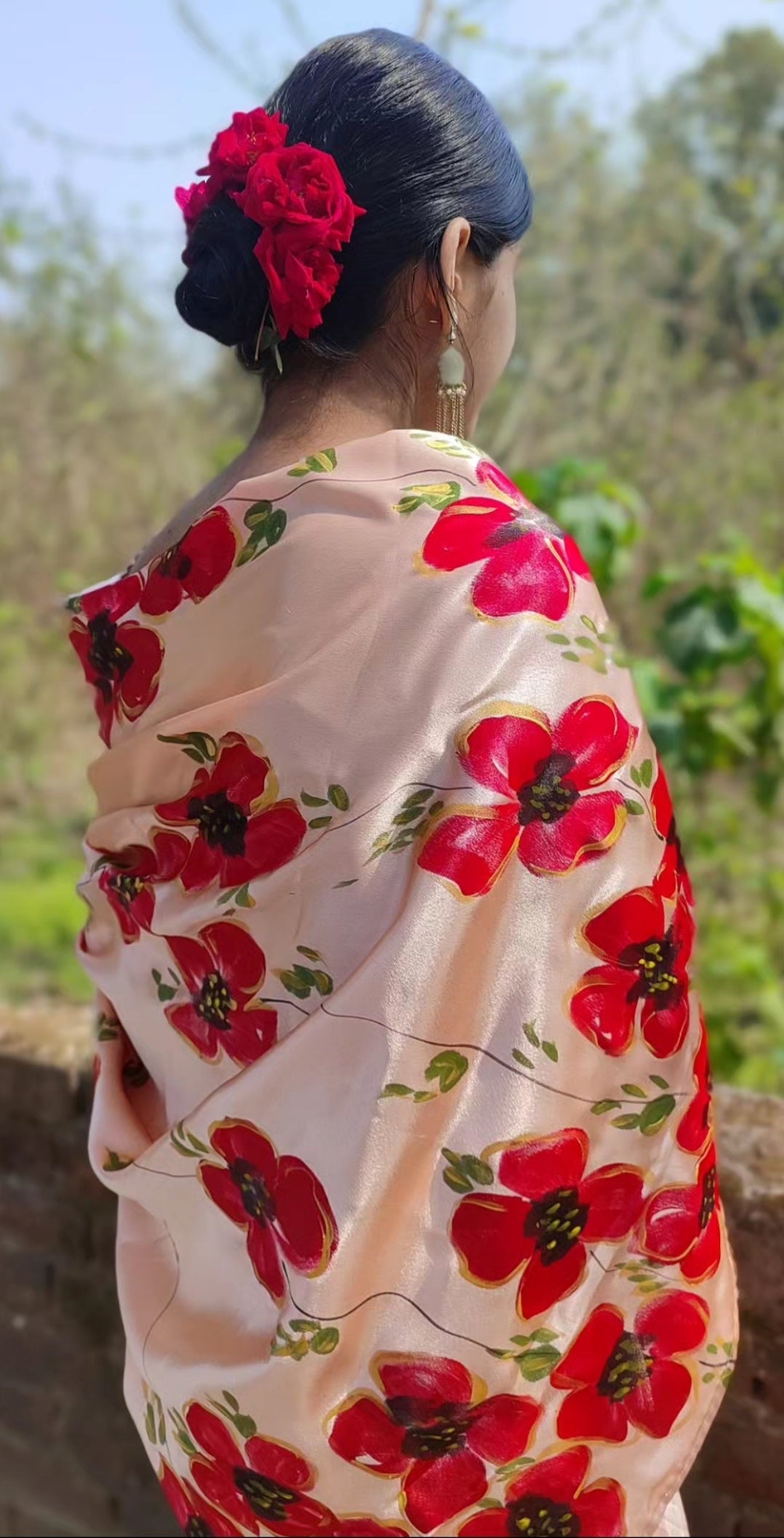 Peach Hand-painted silk saree with  poppies flowers