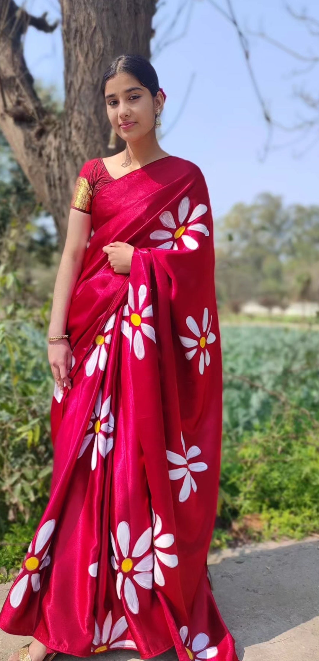 Mehroon Hand-painted  silk saree with tassels