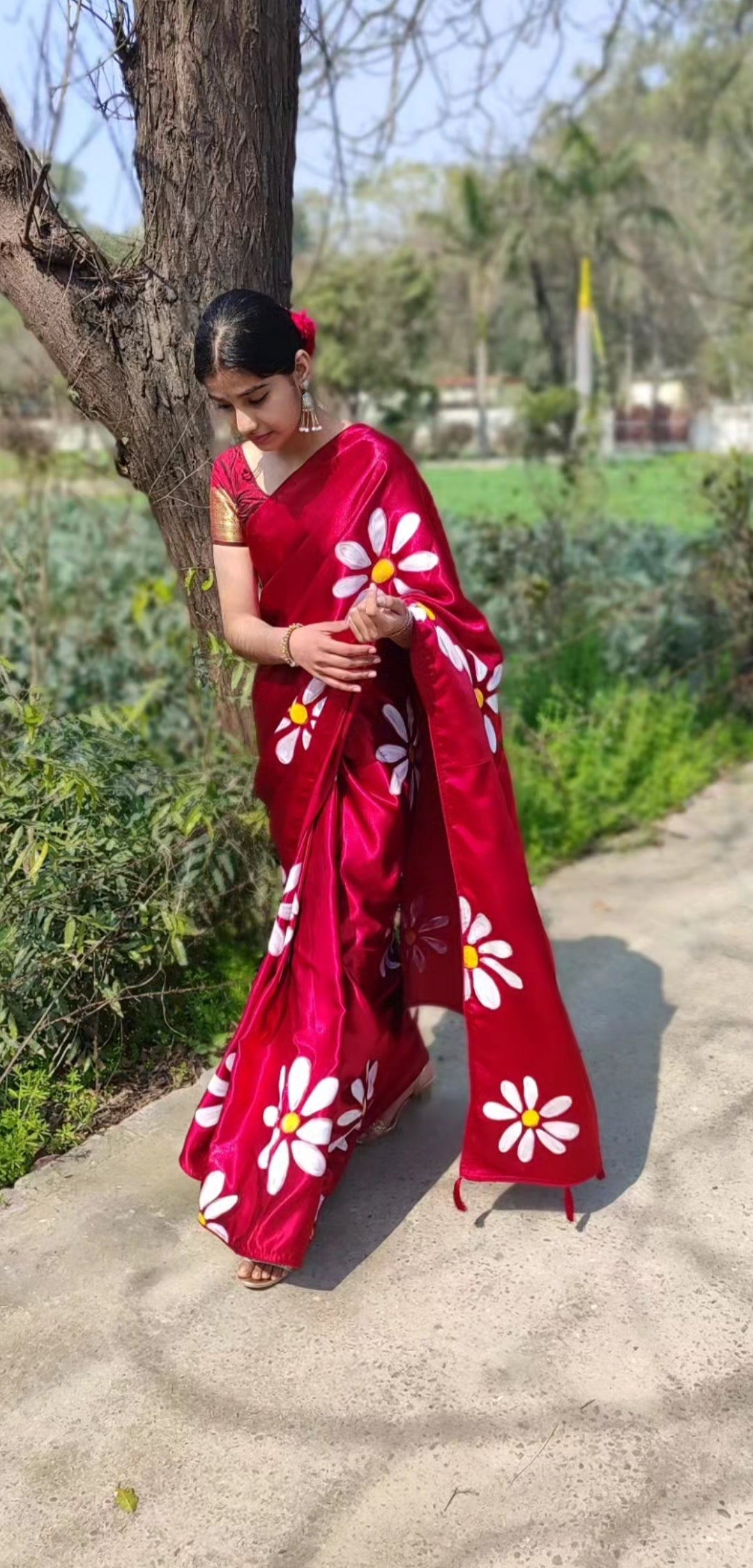Mehroon Hand-painted  silk saree with tassels